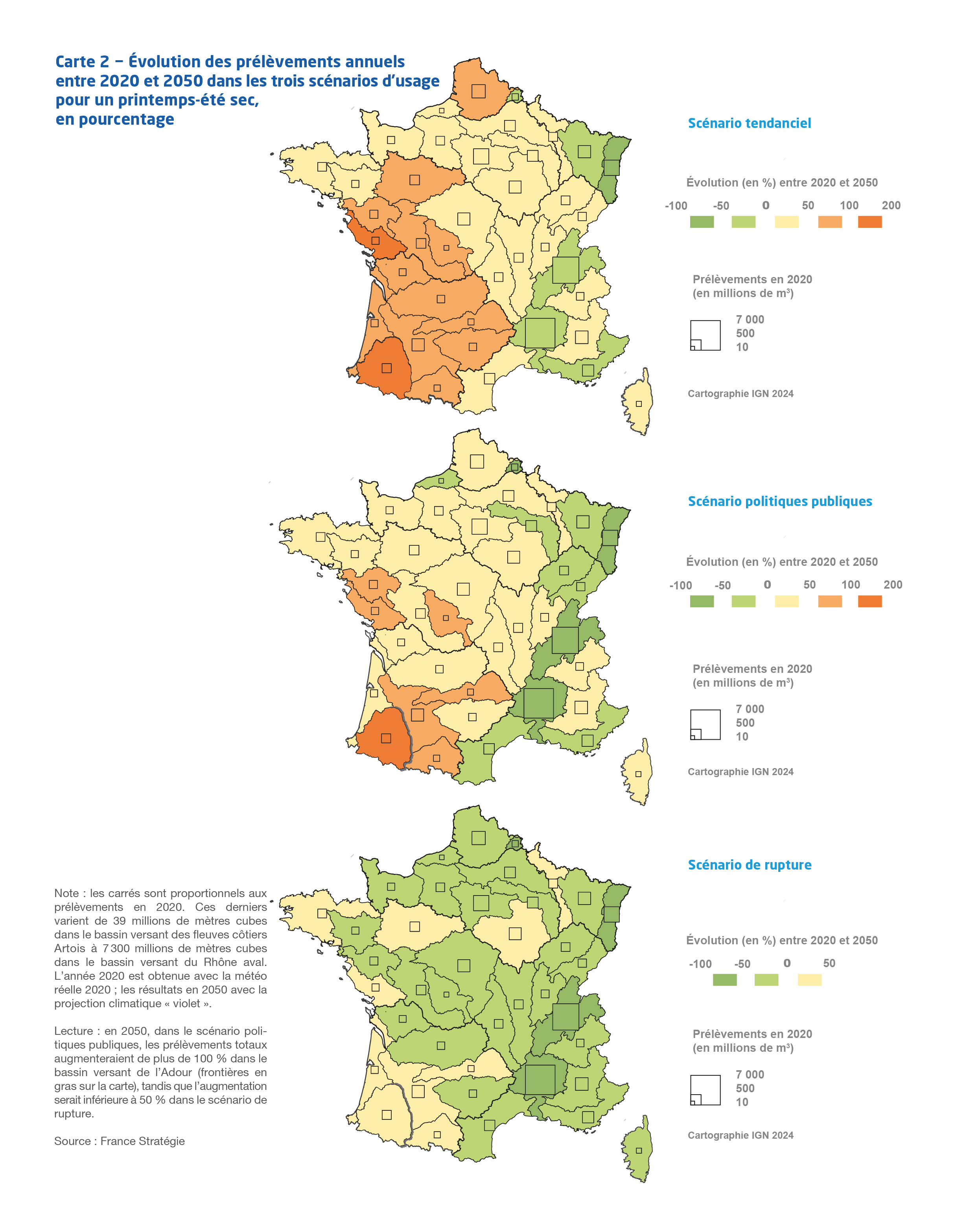 Carte des évolutions des prélèvements annuels  entre 2020 et 2050