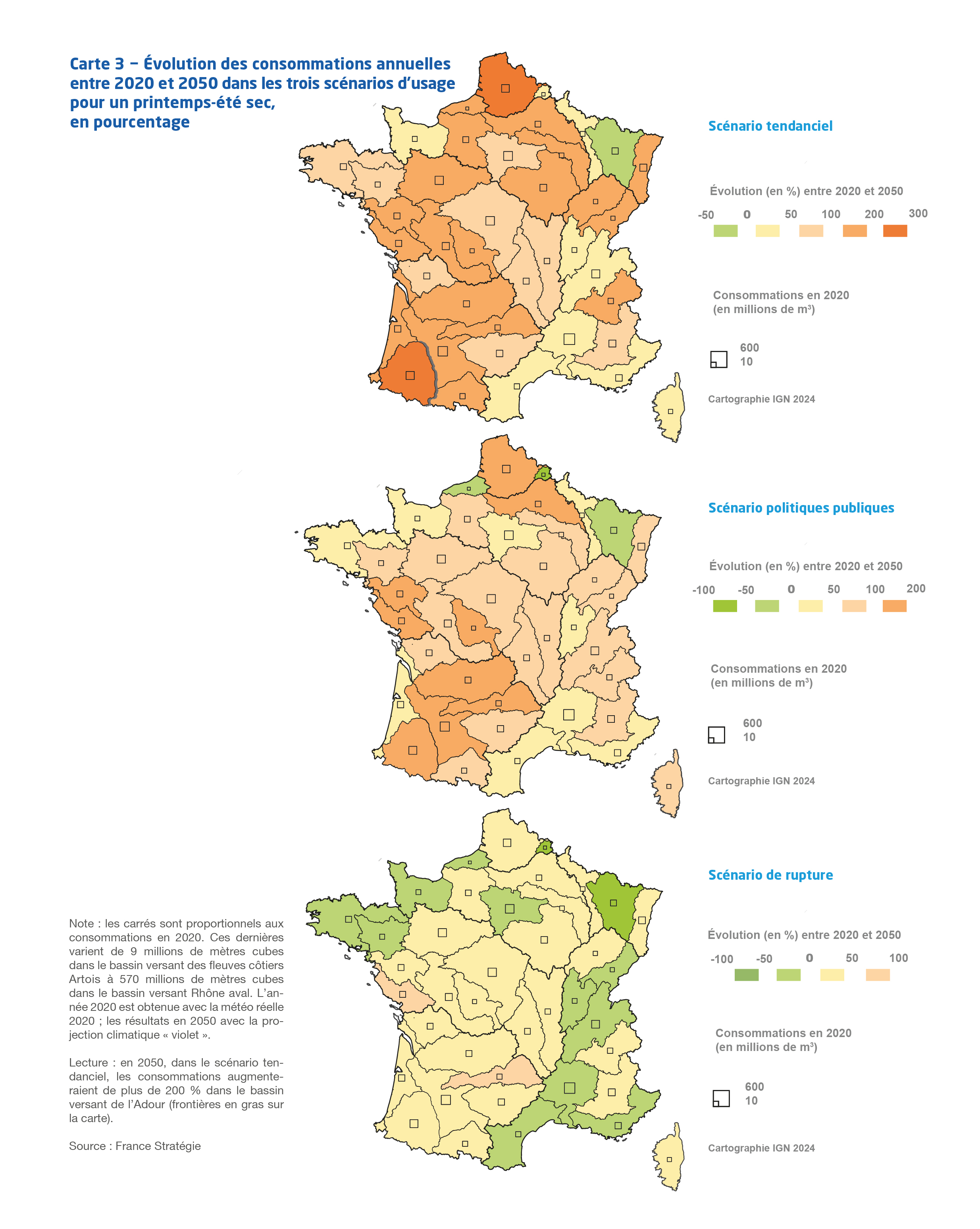 Carte 3 − Évolution des consommations annuelles  entre 2020 et 2050 dans les trois scénarios d’usage pour un printemps-été sec, en pourcentage