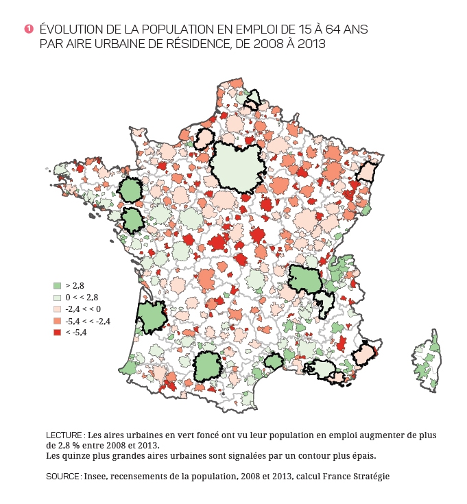 carte Évolution de la population en emploi de 15 à 64 ans par aire urbaine de résidence, de 2008 à 2013