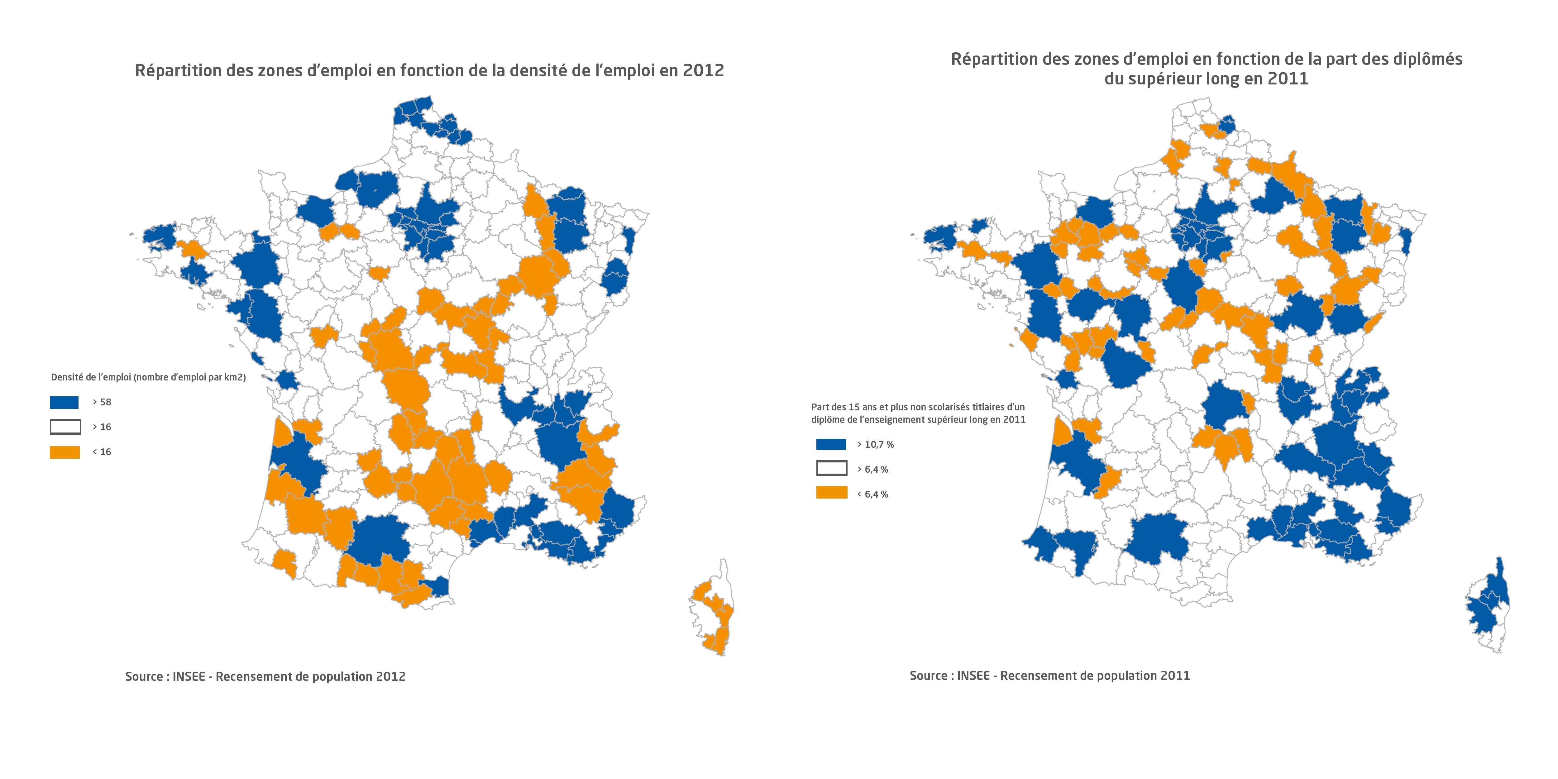 Cartes de la répartition des zones d'emploi en fonction de la densité d'emploi et de la part de diplômés de l'enseignement supérieur