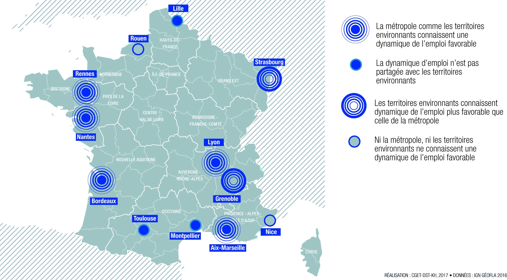 Carte 1 — Dynamique de l’emploi dans les métropoles et dans les territoires avoisinants : des situations différenciées 