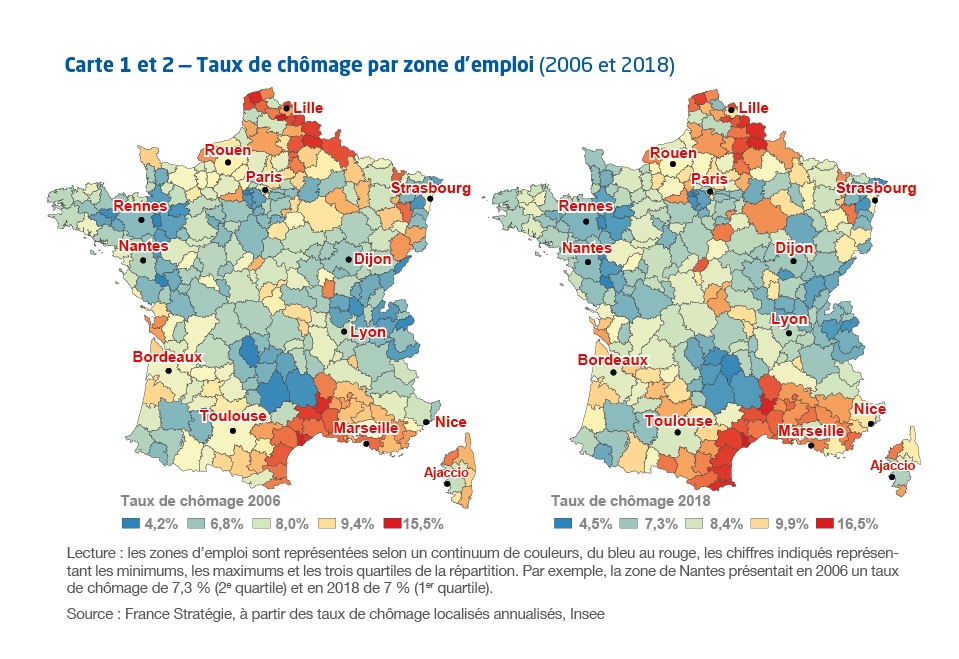 Carte 1 et 2 — Taux de chômage par zone d’emploi (2006 et 2018)