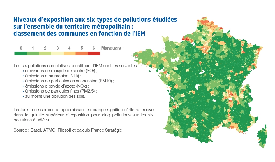 Carte Niveaux d’exposition aux six types de pollutions étudiées  sur l’ensemble du territoire métropolitain :  classement des communes en fonction de l’IEM