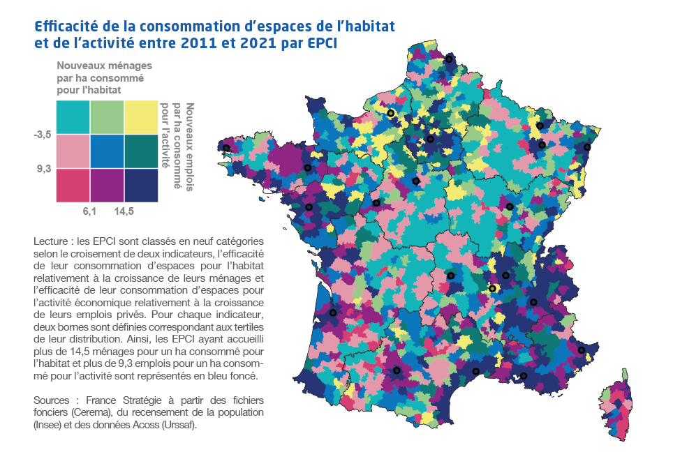 Carte "Ecacité de la consommation d'espaces de l'habitat  et de l'activité entre 2011 et 2021 par EPCI"