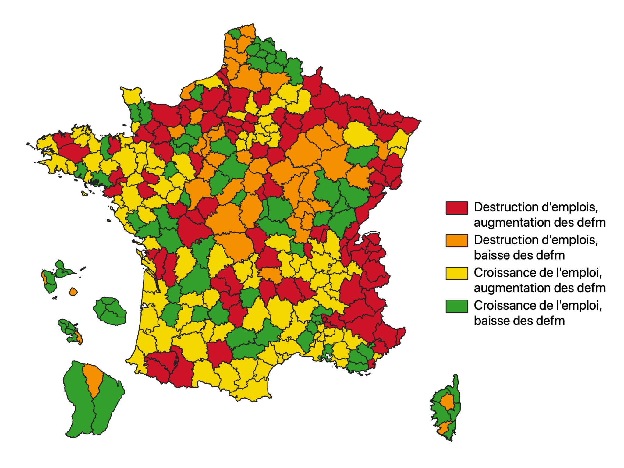 Carte 5 – Typologie de l’évolution de l’emploi salarié privé et de la part de demandeurs d’emploi de catégorie A dans la population active entre le T1 2019 et le T1 2021
