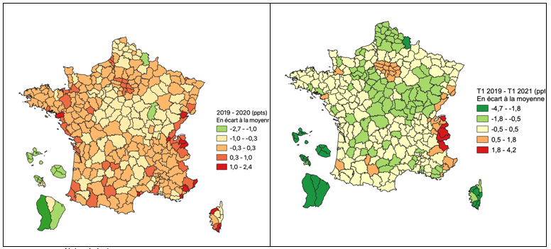 Cartes 3 et 4 – Évolution de la part des DEFM de catégorie A dans la population active entre l’année 2019 et l’année 2020 et entre le T1 2019 et le T1 2021