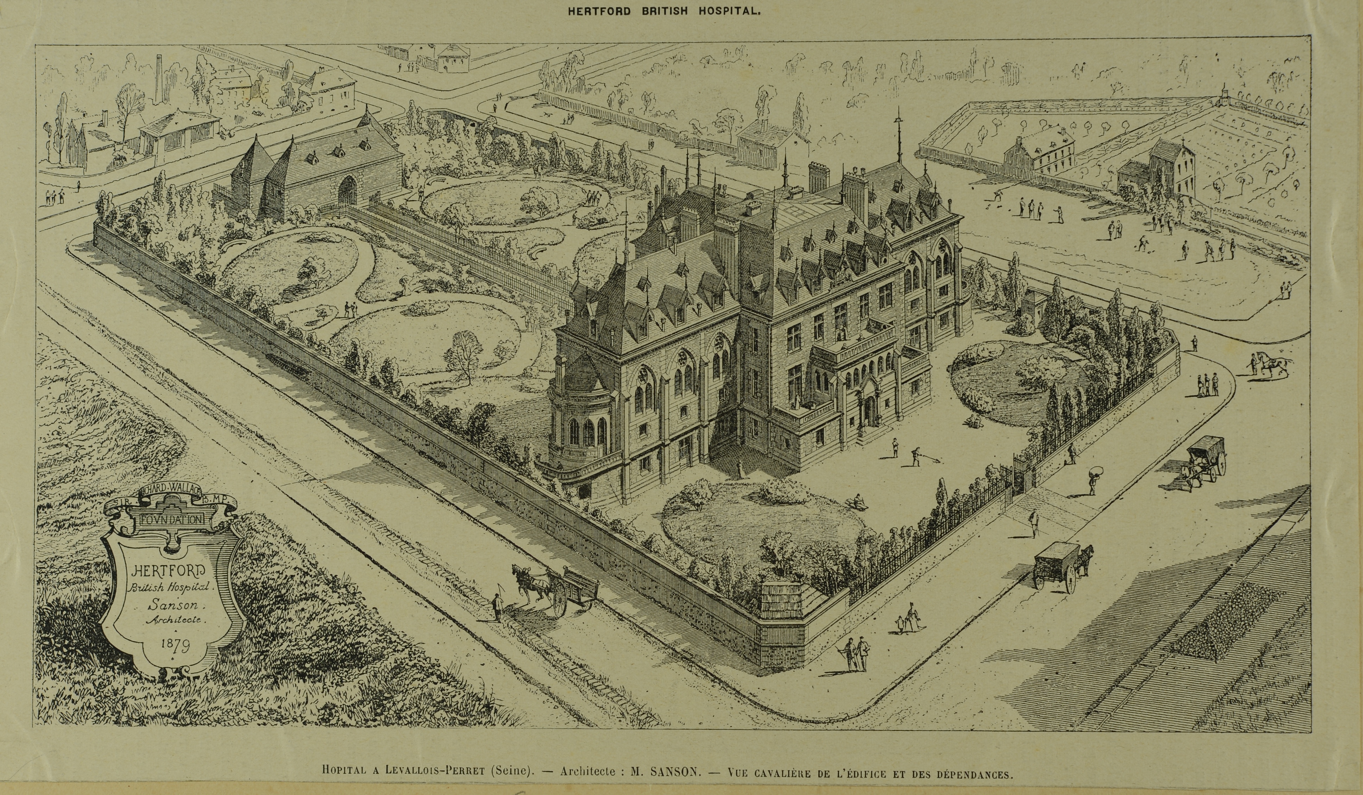 Hôpital Hertford à Le vallois-Perret, vue cavalière de l'édifice et de ses dépendances, 1879.Archives départementales des Haut-de-Seine, 1FI/LV2